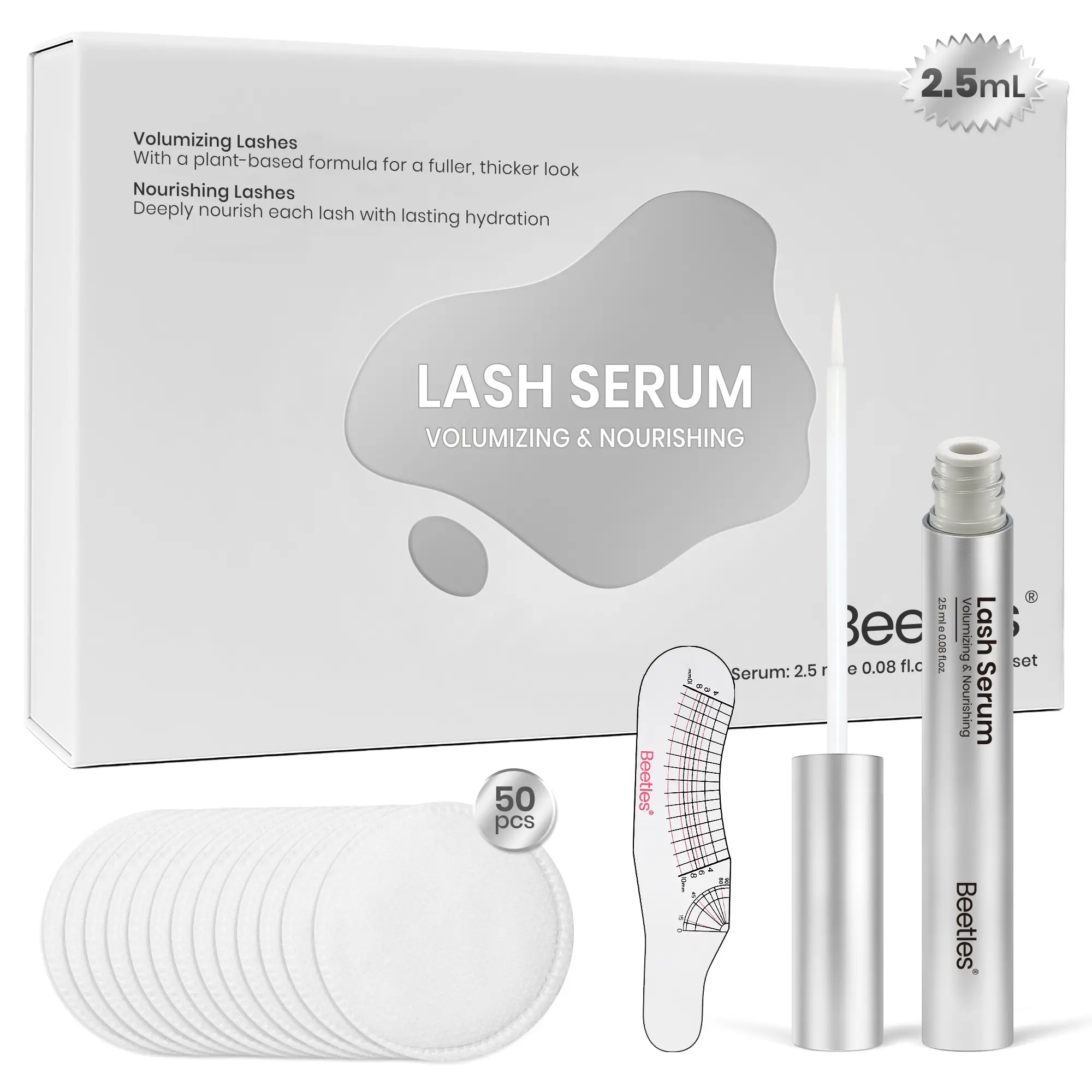 Beetles Lash Serum for Eyelash Growth, Eyelash Growth Serum with Gentle Advanced Formula to Boost Longer Fuller Thicker Looking Lashes with 50pcs Clean Pads and Eyelashes Ruler Gift for Women