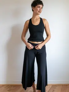 Paris Wide Leg Gaucho Pants, Flared Leg Culottes with Fold Over Waistband in Black - Women's Bottom - Womenswear