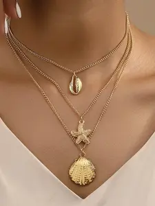 Boho Three-Layer Ocean Element Necklace Set, Gold Beach Summer Versatile Women's Collarbone Chain, Daily Casual Accessory