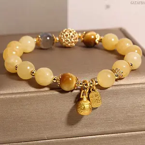 Natural Topaz Crystal Bracelet for Women, Retro Chinese Style Pixiu Beaded Bracelet, Light Luxury Dainty Jewelry, Perfect Gift for Girlfriend & Friends