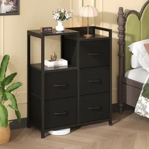 Modern 5-Drawer Fabric Dresser with 2-Tier Display Shelf - Clutter-Free, Child-Friendly Drawer Compartments Cabinet for Bedroom, Hallway, Clutter-Free Cabinets, Child-Friendly Cabinets
