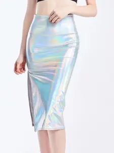 Shimmering Holographic Midi Skirt with Thigh Slits - Perfect for Festivals and Raves!