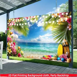 Summer Hawaiian Beach Background Banner, Sky, Ocean Tropical Flowers Palm Leaves, Surfboard Photography Background, Suitable for Hawaiian Party Decoration Banner, Living Room, Bedroom, Office and Outdoor Decoration, Party, Seasonal Decoration