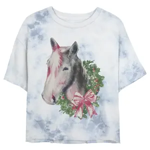 Juniors Womens Lost Gods Christmas Wreath Horse Bow Crop T-Shirt