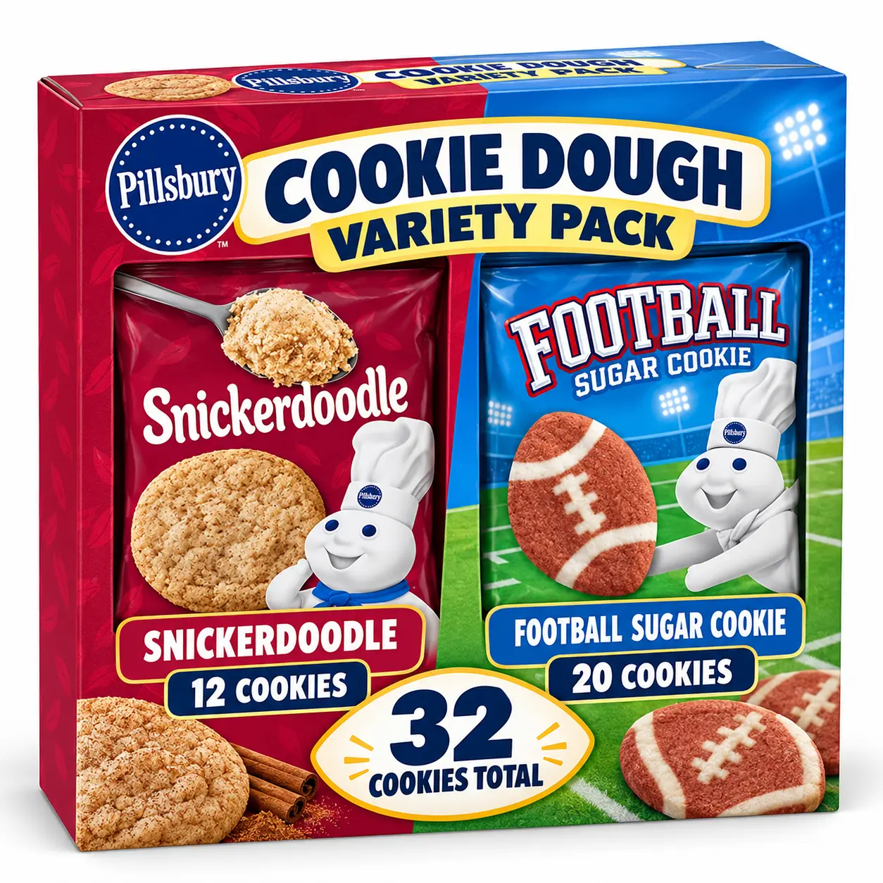Pillsbury Cookie Dough Variety Pack – Snickerdoodle & Football Sugar Cookies, 32 Cookies Total