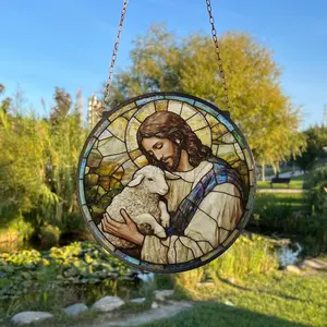 [Made in US] Jesus Holding Lamb Stained Glass Suncatcher, Christian Window Decor