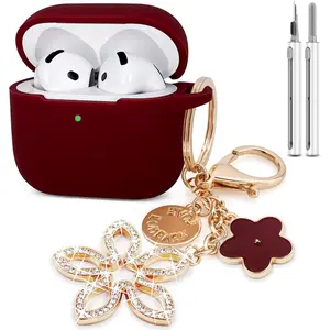 Compatible with AirPods 4 Case Cover, Silicone Protective Case for Airpod 4 with Bling Keychain, Case Cover for Apple AirPods 4th Generation Wireless Earbuds with Cleaner Kit (Burgundy)