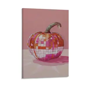 Pink Preppy Halloween Poster Disco Ball Pumpkin Wall Art Poster Canvas Wall Art For Bedroom Decor Bar Office Room Decor Gift