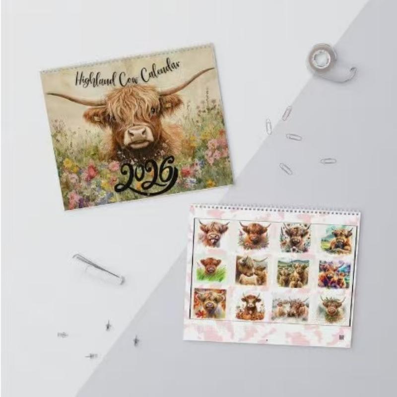 Scottish Highland Cow 2026 Wall Calendar, Doodle Typography Calendar, 12-Month Planner with Monthly Pages, Perfect Gift for Animal Lovers & Home Decor Enthusiasts