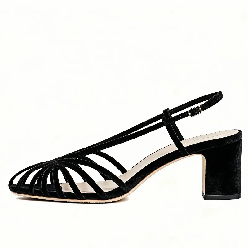 Custom Made Womens Black Satin Caged Block Heel Sandals Closed Toe Strappy Mid Heel Slingback Sandals Adjustable Buckle Elegant Dress Shoes for Wedding Party Cocktail Office Business Evening Formal Comfortable Sandals