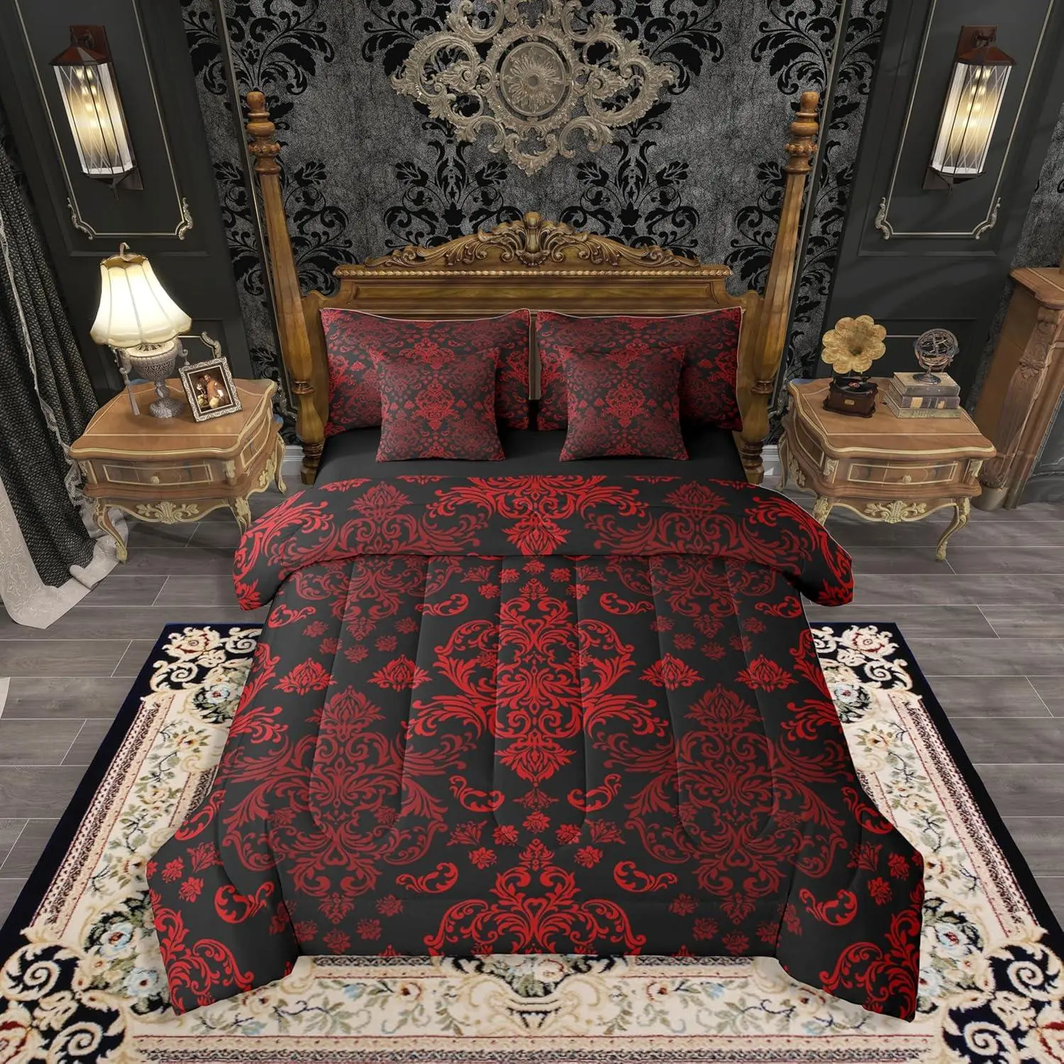 Red 7 Piece Bedding Set,Victorian Comforter Set with Sheets for Kids Girls Boys Adults Antique Gothic Bohemian Paisley Bed in A Bag Baroque Aesthetic Bed Sets