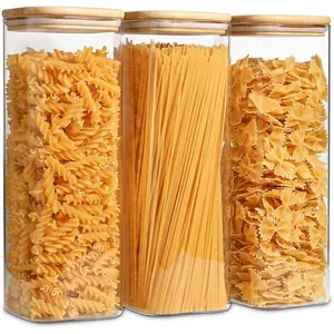 Glass Pasta Storage Containers with Lids 73 oz 3-Piece Set, High Transparency Airtight Food Storage Jars, Lid for Noodles, Flour, Oatmeal Cereal, Jelly Beans, Square Pasta Storage Containers
