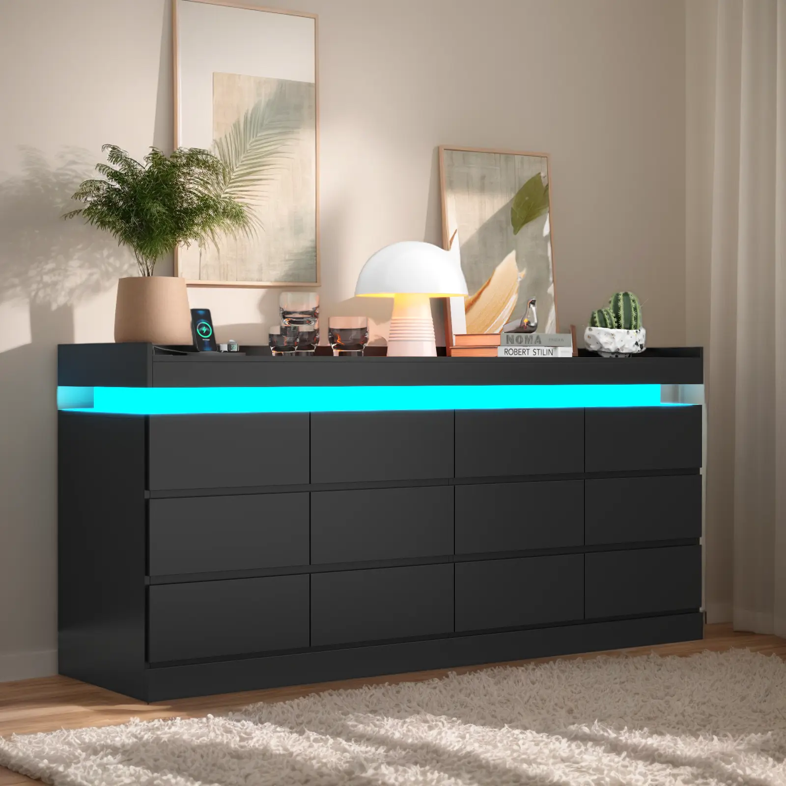 Loomie 12 Drawer Dresser with Power Outlet, Dresser with LED Light, Modern Chest of Drawers for Closet, Double Wide Drawer Organizer Cabinet Modern Storage Dresser Modern Bedroom Dresser