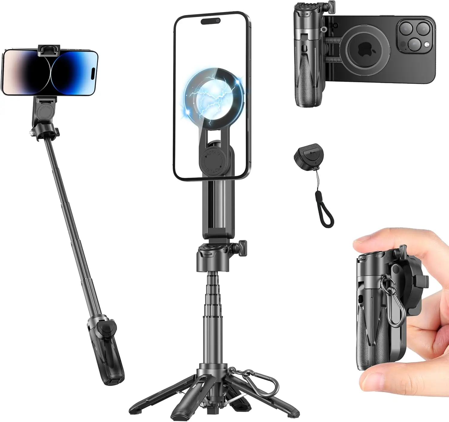 Fourpillars C15-MagSafe Handheld Tripod Stick, Wireless Bluetooth Remote Accessory - Ultra-Compact Pocket-Sized Lightweight Extendable Aluminum-Plastic Magnetic Mount, Rechargeable Detachable Steel-Silicone for iPhone/Android Landscape Recording