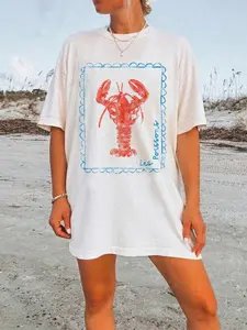 Les Poissons Oversized Beachy Lobster Graphic Tee, Y2K Coastal Summer Top, Vintage Nautical Seaside Vacation T-Shirt, Soft Breathable Casual Tee for Beach Days & Summer Outfits, Trendy Coastal Grandma Style, Cute Marine Animal