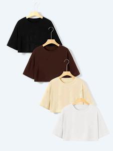 women's back to school solid round neck mitsy crop top , summer clothes women, loose casual half sleeve t-shirt, women's top for daily wear black girl outfits, fabric half tops, clothing, womenswear, tshirt