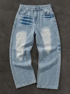 Men's Cotton Gradient Washed Wide Leg Jeans, Baggy Loose Fit Denim Pants, Casual Streetwear Trousers with Unique Bleached & Distressed Design