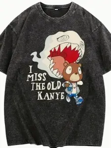 Vintage washed vintage "I Miss Old Kanye" T-shirt, loose fit, cartoon bear pattern, urban hip-hop style, machine washable - suitable for all seasons, simple yet trendy, suitable for parties and outdoor activities