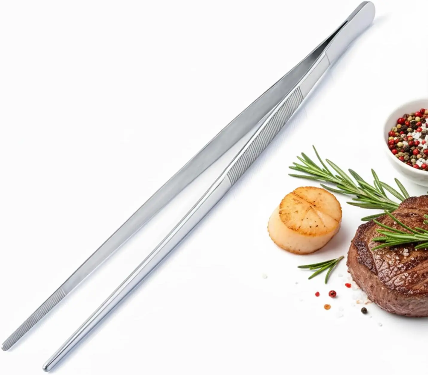 12 in Stainless Steel Precision Kitchen Tweezers - Professional Chef-Grade Cooking Tools with Fine Tips, Precision Grip, Fine Serrated Tips for Plating, Grilling