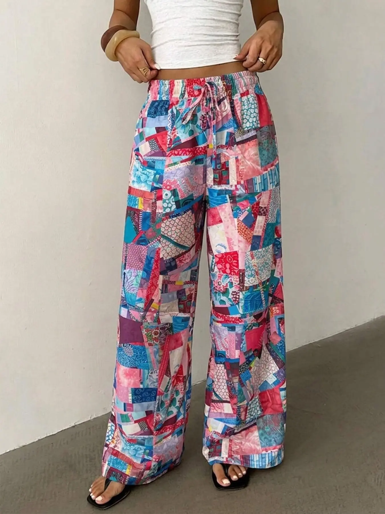 Women's Boho Patchwork Print Wide Leg Beach Vibe Pants, Bohemian Bottom, All Over Print, Elastic Waist Loose Fit, Casual Summer Beach Vacation Daily Wear, Breathable Comfortable Fabric