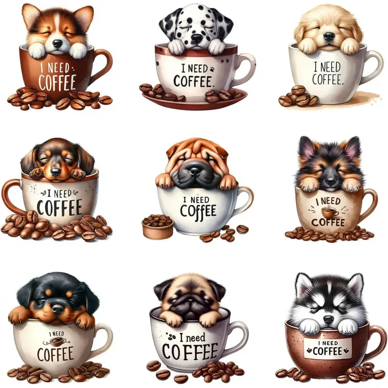 9pcs Coffee Dogs Iron On Heat Transfer Stickers Ready to Press Vinyl Decal Patches for Jeans T-Shirt Jackets Backpacks Pillows DIY Appliques Decor