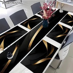 2D flat printing, 1 piece/2 pieces/4 pieces/6 pieces/8 pieces/5 pieces set/7 pieces table flag placemat set, black and gold abstract wave design, suitable for holiday gatherings, living rooms and dining rooms, and daily dining decoration