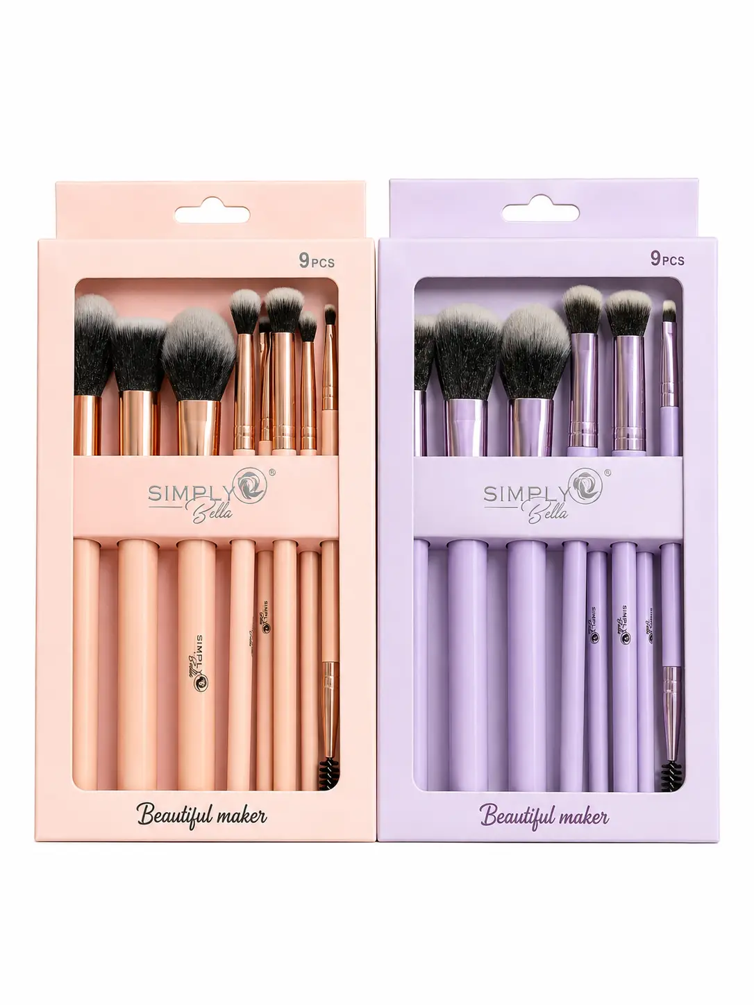 Simply Belle 9 PCS Makeup Brush Set - Pink and Purple Assorted Face and Eye Brushes for Professional Application