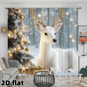 2D Flat 2Pcs Nordic Christmas Deer Pattern Curtains Holiday Theme Semi Sheer Drapes Golden Antler Design Window Treatment Light Filtering Panels for Living Room Bedroom Home Decor Christmas Gift Window Accessory Privacy Protection