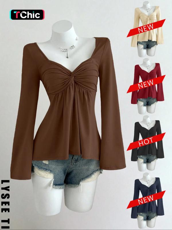 26 Valentine's Day Autumn/Winter Shot Pure Desire Style Casual Fashion Apricot Square Neck Chest Wrinkled Doll Shirt Long Sleeve Women's T-shirt