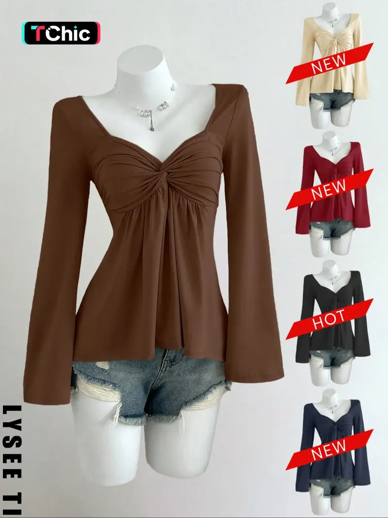 26 Valentine's Day Autumn/Winter Shot Pure Desire Style Casual Fashion Apricot Square Neck Chest Wrinkled Doll Shirt Long Sleeve Women's T-shirt