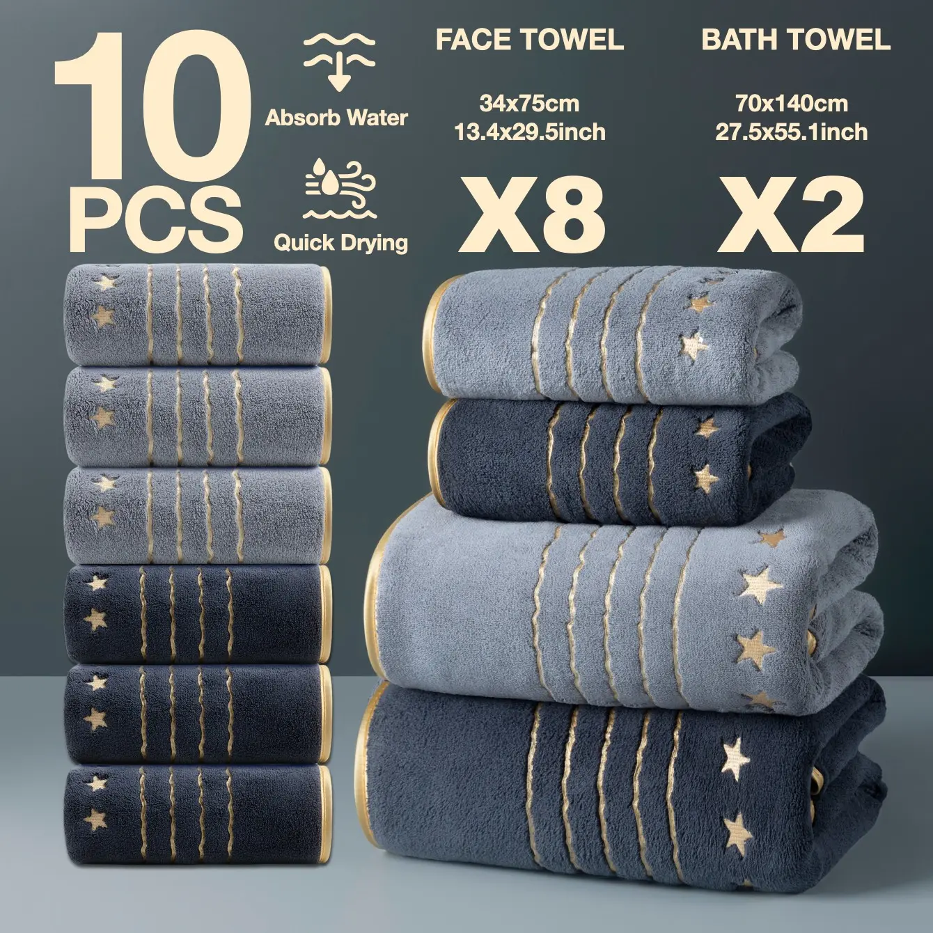 10-Piece Gold Thread Embroidered Bath Towels Set, Quick-Dry Super Absorbent Microfiber, Modern Simple Bathroom Accessories