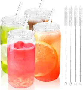 Joyclub 4pcs Glass Cups with Acrylic Lids and Straws 16 oz Can Shaped Glass Iced Coffee Cups with Lids and Straws, Cute Tumbler Cup Drinking Glasses for Smoothie Whiskey Boba Soda Tea Gift