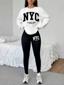 Women's Nyc Letter Print Sweatshirt Set, Track Pants Set, Round Neck Long Sleeve Top, Fitted Bottoms, Casual Fall & Winter, Holiday Sale
