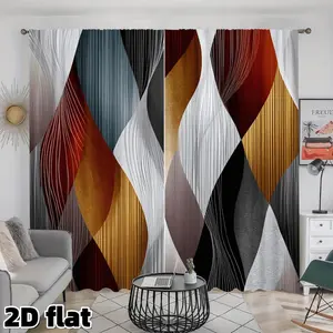 2D Flat 2Pcs Modern Geometric Pattern Curtains Abstract Diamond Design Rod Pocket Style Semi Sunshade Polyester Fabric Elegant Multicolor Wave Lines Window Drapes Suitable for Living Room Bedroom Kitchen Balcony Office Treatment Home Decoration Curtain