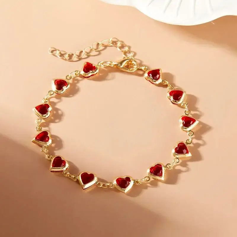 Red Cubic Zirconia Heart Charm Bracelet - 1 Set Adjustable Stackable Elegant Red Crystals Simulated Crystal Bangle, Ideal for Party, Wedding Gifting, Anniversary