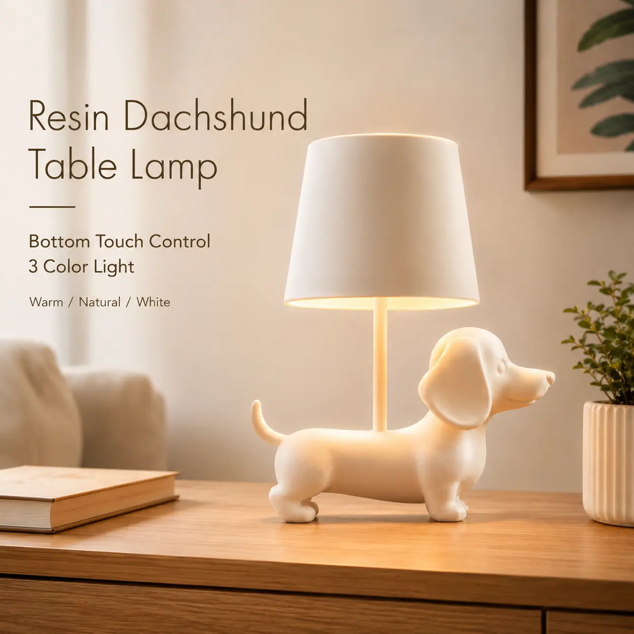 Resin Dachshund Dog Table Lamp, Bottom Touch Control, Rechargeable with Built-in Battery, 3 Color Modes, Novelty Animal Decor Lamp for Bedroom, Desk, Gift