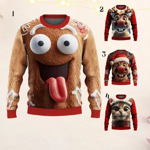Funny Gingerbread Face Christmas Sweater, Cute Reindeer Holiday Pullover, 3D Cartoon Ugly Xmas Knit Gift