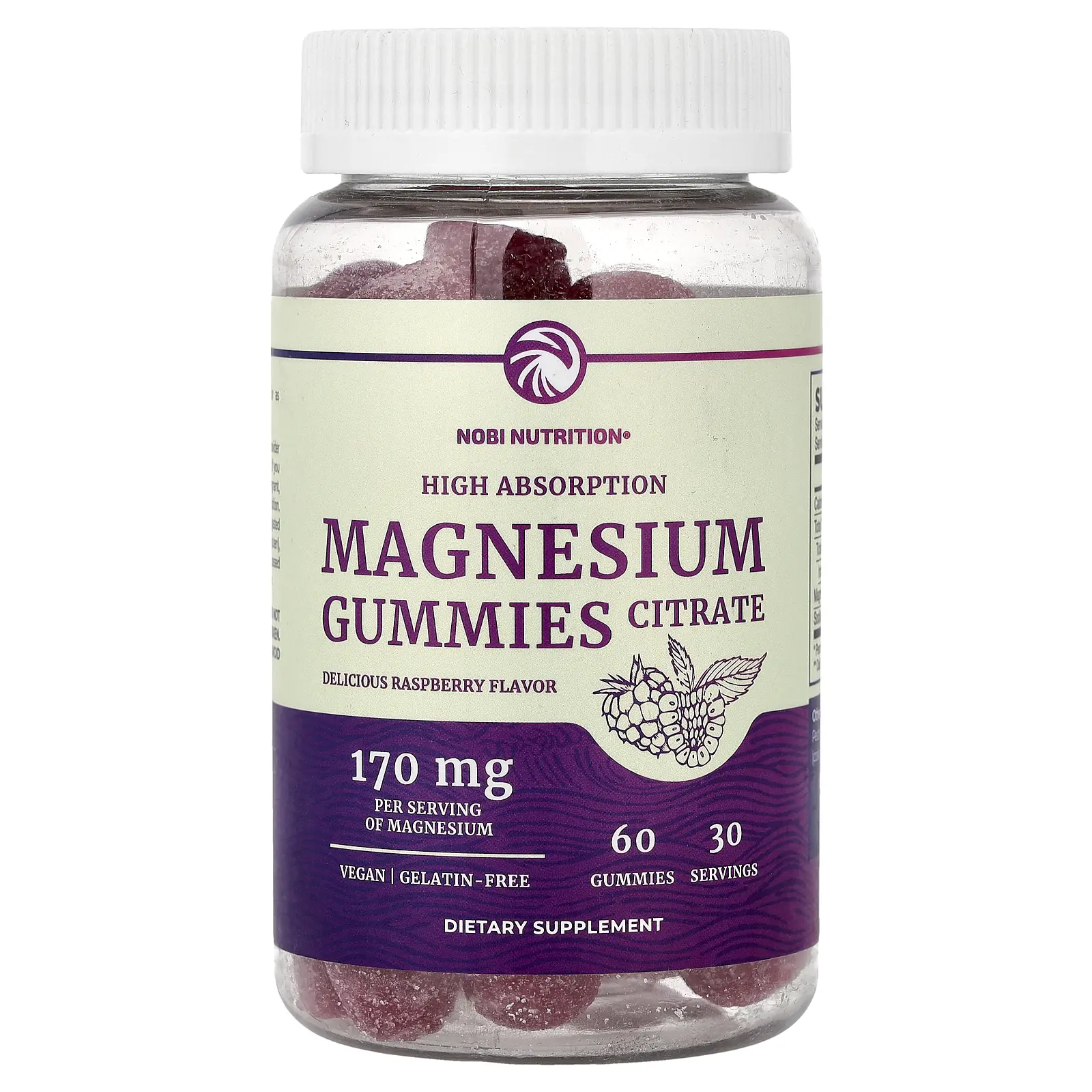 Nobi Nutrition Magnesium Citrate Gummies, High Absorption, Raspberry, 60 Gummies (85 mg per Gummy)