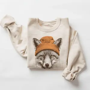 Cute Fox With Beanie Sweatshirt - Retro 90's Wildlife Camping Outfit - Winter Outdoor Adventure - Nature Animals Unisex Graphic Sweatshirt