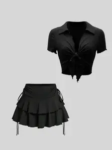 Women's Solid Color Open Front Fitted Crop Blazer & Skirt Two-Piece Set, Elegant Fashion Casual for Daily Outdoor Wear, Ladies Clothes for Summer, Suits, Womenswear