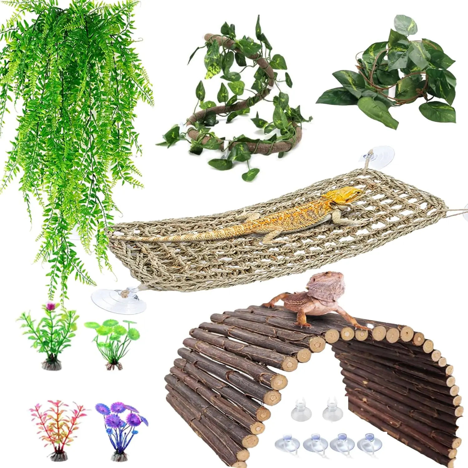 thumbnail image 2 of Hamiledyi Leopard Gecko Tank Decor - 10 Pc Reptile Vines Plants With Coconut Hideout & Ladder 2 of 5