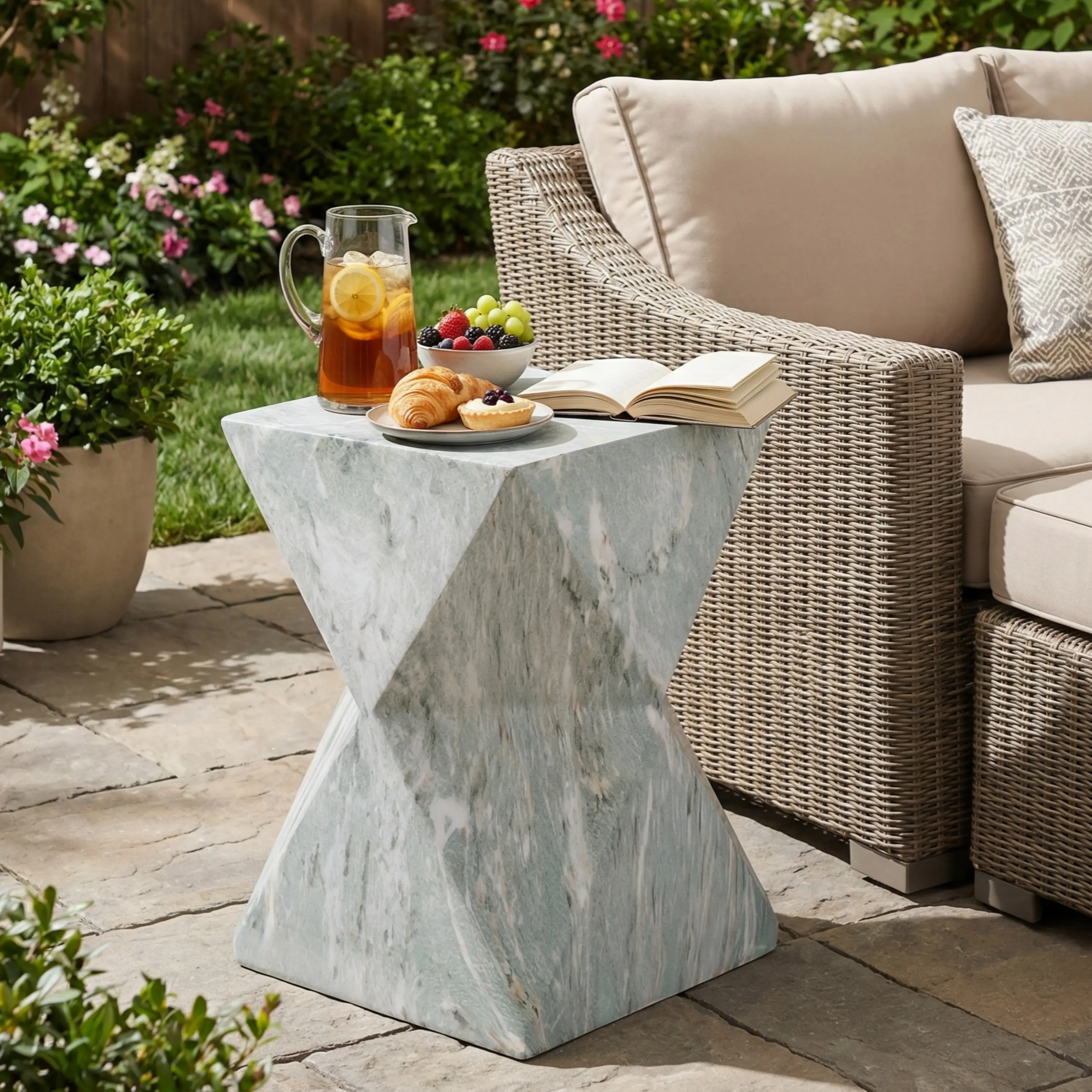 Hourglass Accent End Table with Faux Marble Finish, Weather-Resistant MGO Side Table for Indoor and Outdoor Use, Green Marble, 18.5"H