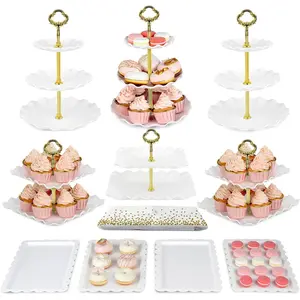 Pack of 11  Cake Stand Set, with 3 x Two-Tier and 3 x Three-Tier Cupcake Stands, 4 x Appetizer Trays, 1 x Tablecloth for Birthday Bridal  Shower Party ()