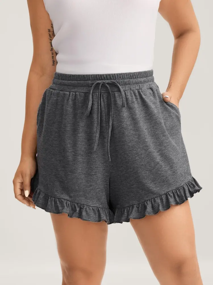 BLOOMCHlC Plus Size Women's Lounge Shorts [M-6X].Soft Knit Ruffle Hem Bottoms with Elastic Drawstring Waist& Pockets, Relaxed Flattering Fit, Summer Casual EverydayWear