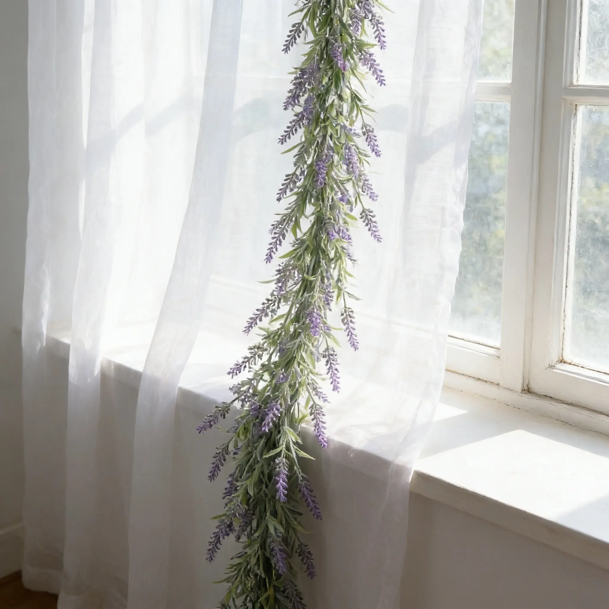 6Ft Flocked Artificial Lavender Flower Garland, Spring Summer Garland for Mantle Table Porch Stair Arch, All Year Purple Floral Garland for for Farmhouse Wedding Tea Party Decor Indoor and Outdoor