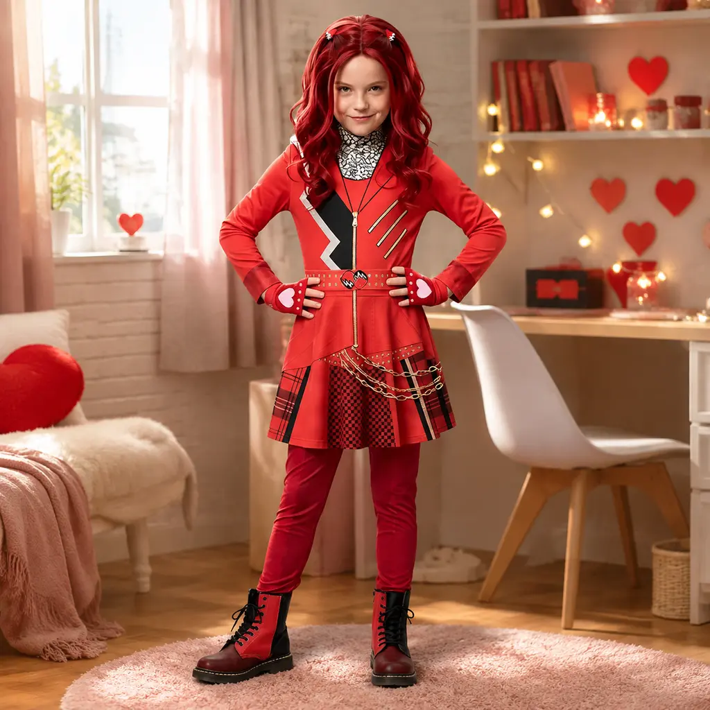 Girls Red Costume Outfit, Descendants Red Cosplay Dress Set with Wig & Heart Gloves, Kids Halloween Birthday Party Fancy Dress Up Outfit for Little Girls sohochic
