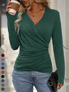 Women's Casual Long Sleeve Top Blouse with Criss Cross Neckline, Style Ruched Hem Design, Perfect for Daily Wear & Layering