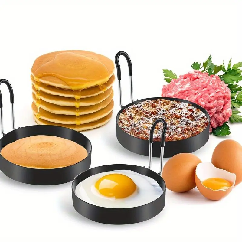 Nonstick Stainless Steel Egg Rings with Silicone Handles - Perfect for Frying and Shaping Breakfast Foods, Kitchen Essentials|Egg Shaping Rings|Durable Cookware Utensils