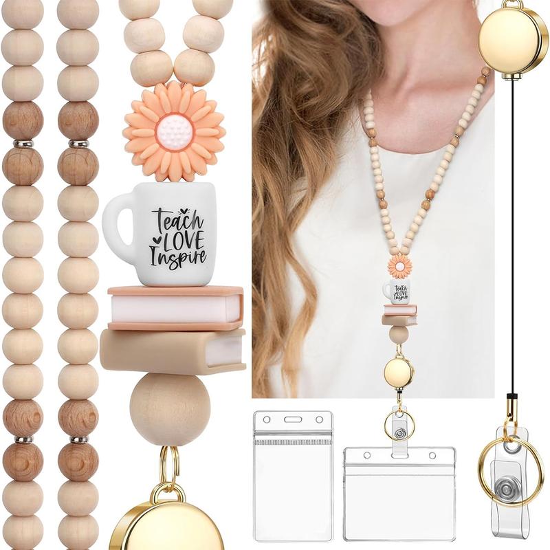 Teacher neck detachable hanging rope, suitable for ID cards, badges, keys, keychains, cute wooden beads with daisies and silicone cups, an excellent gift for ladies, teachers, workers, doctors, and nurses