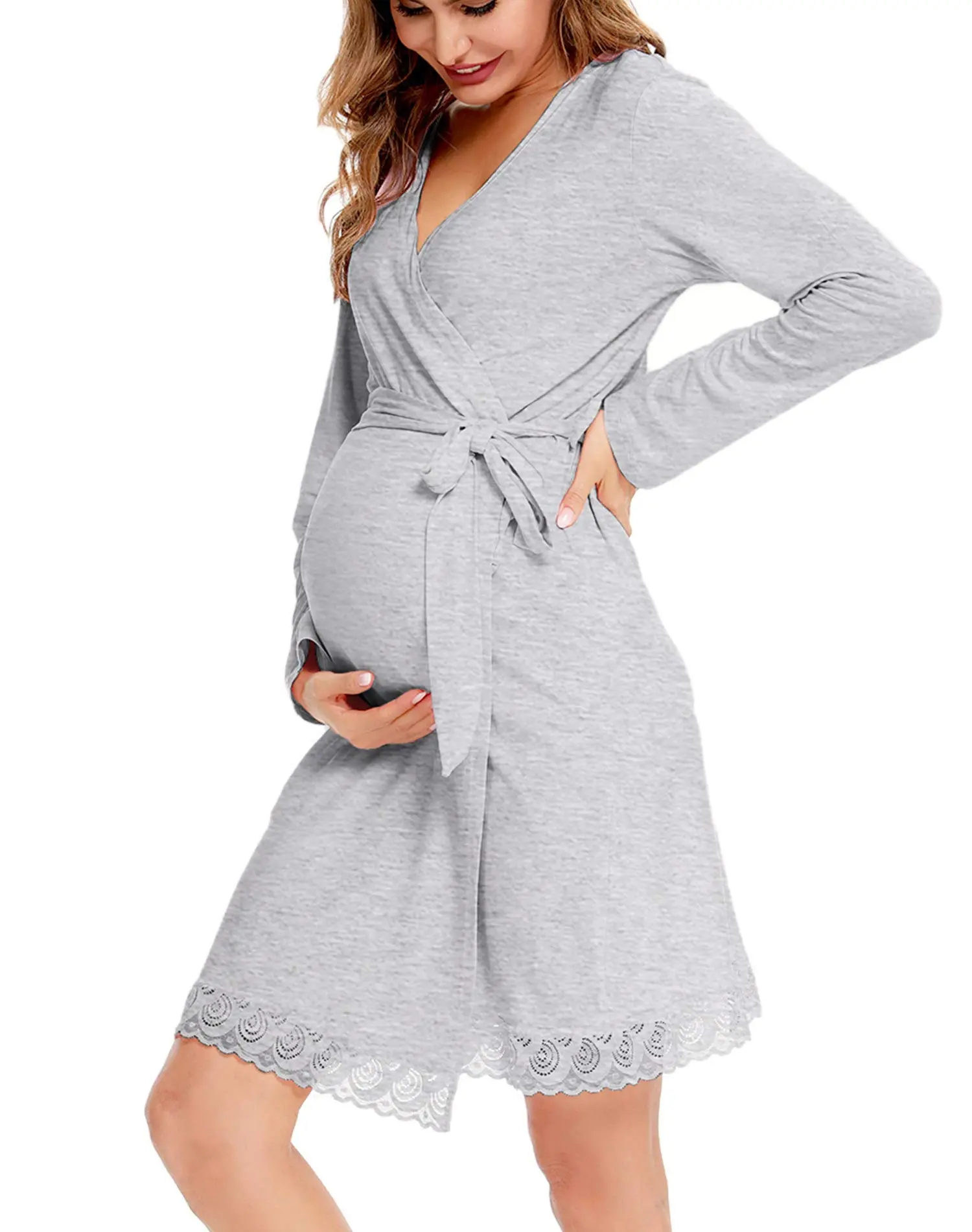 SWOMOG Women's Casual Maternity Nursing Robe, 3-in-1 Long Sleeve Soft Stretch Modal Sleepwear with Lace Hem for Hospital Labor, Maternity Outfits, Nursing Friendly Clothes, Soft Nursing Clothes
